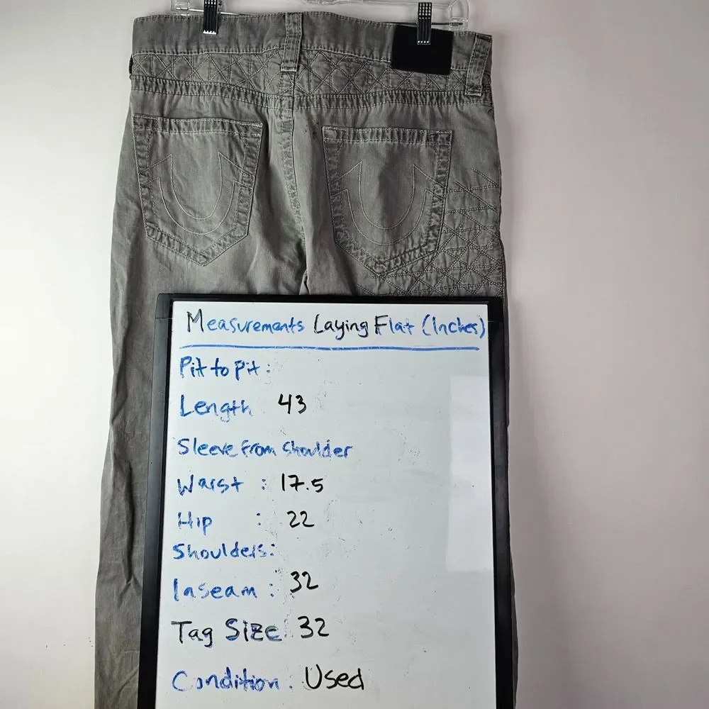 True Religion Dean Geo Quilted Gray Chino Straight Leg Jeans Pants Size 32 Taper
